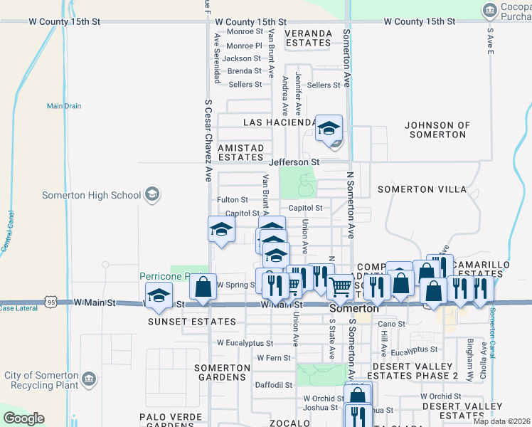 map of restaurants, bars, coffee shops, grocery stores, and more near 691 W Capitol St in Somerton
