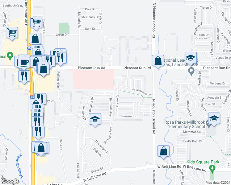 map of restaurants, bars, coffee shops, grocery stores, and more near 1357 Prairie Drive in Lancaster