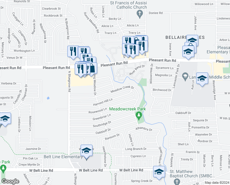 map of restaurants, bars, coffee shops, grocery stores, and more near 1178 Meadow Creek Drive in Lancaster