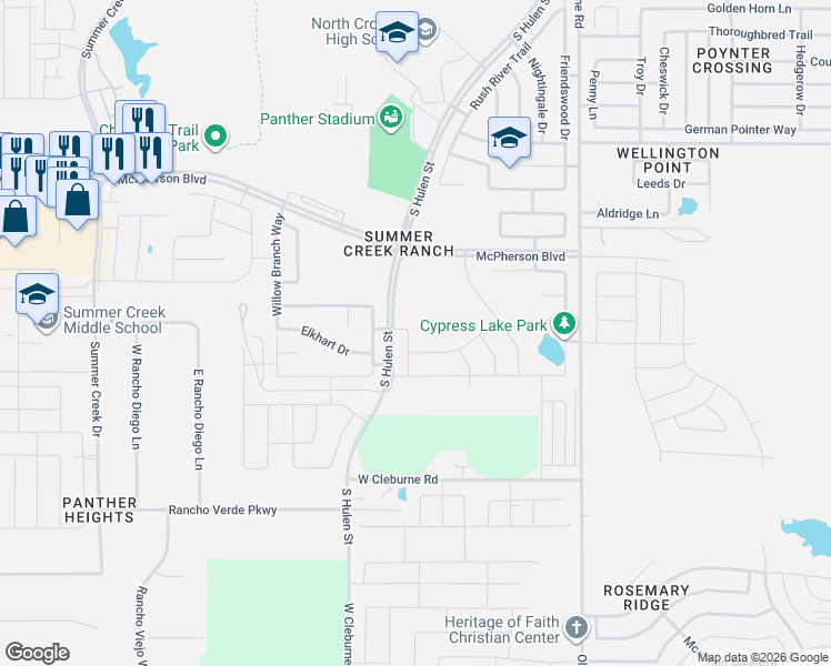 map of restaurants, bars, coffee shops, grocery stores, and more near 9732 Snowbell Lane in Fort Worth