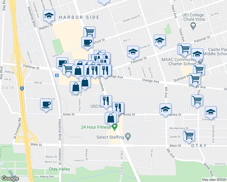 map of restaurants, bars, coffee shops, grocery stores, and more near 1403 Broadway in Chula Vista