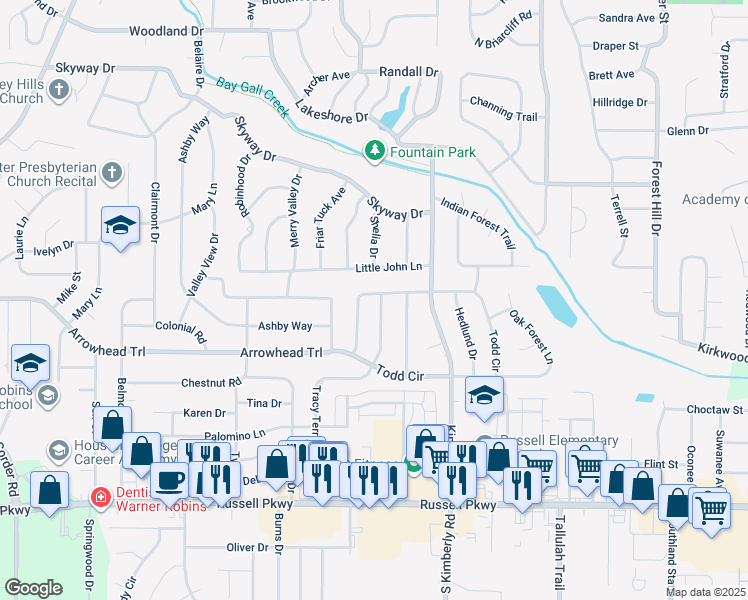 map of restaurants, bars, coffee shops, grocery stores, and more near 500 Todd Circle in Warner Robins