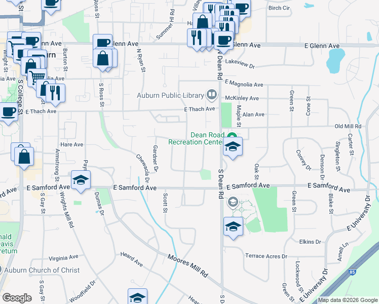 map of restaurants, bars, coffee shops, grocery stores, and more near 351 Bowden Drive in Auburn