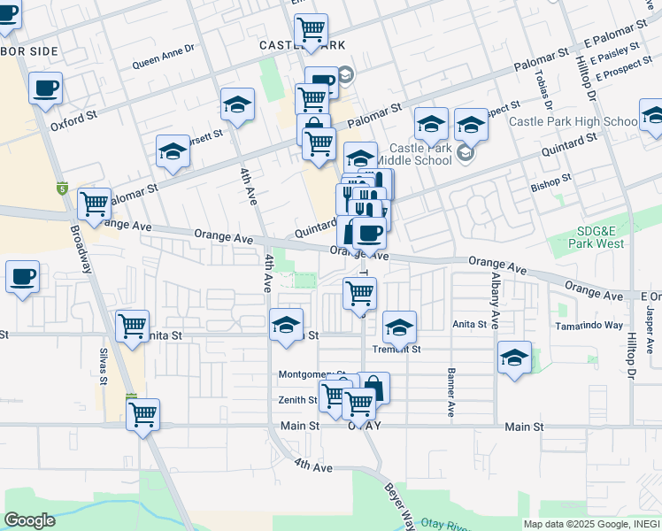 map of restaurants, bars, coffee shops, grocery stores, and more near 307 Orange Avenue in Chula Vista