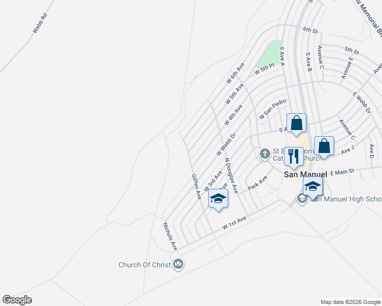 map of restaurants, bars, coffee shops, grocery stores, and more near 931 West 5th Avenue in San Manuel