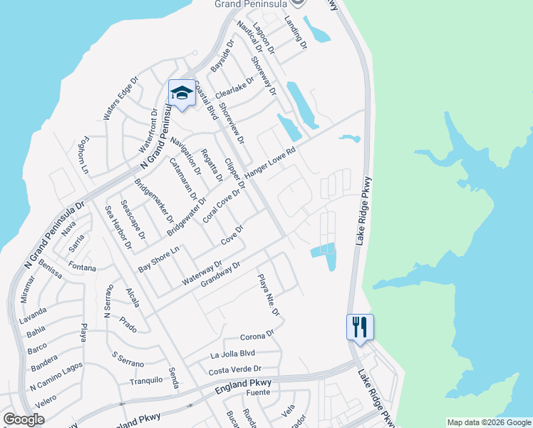 map of restaurants, bars, coffee shops, grocery stores, and more near 2603 Cove Drive in Grand Prairie