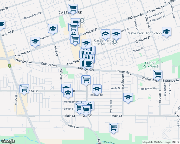 map of restaurants, bars, coffee shops, grocery stores, and more near in Chula Vista