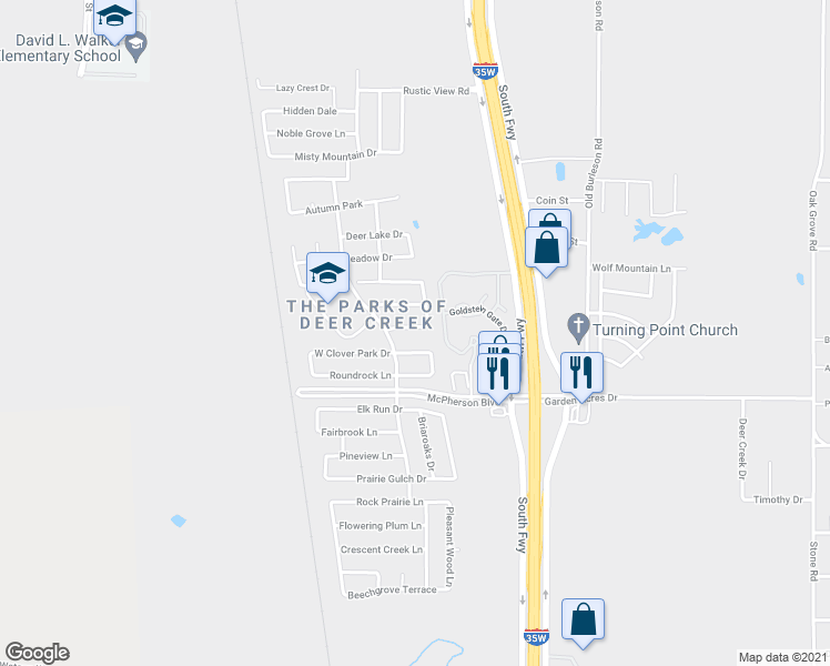 map of restaurants, bars, coffee shops, grocery stores, and more near 313 Sun Meadow Lane in Fort Worth