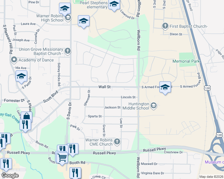 map of restaurants, bars, coffee shops, grocery stores, and more near 126 Lincoln Street in Warner Robins