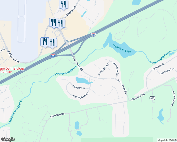map of restaurants, bars, coffee shops, grocery stores, and more near 2567 Bent Creek Road in Auburn