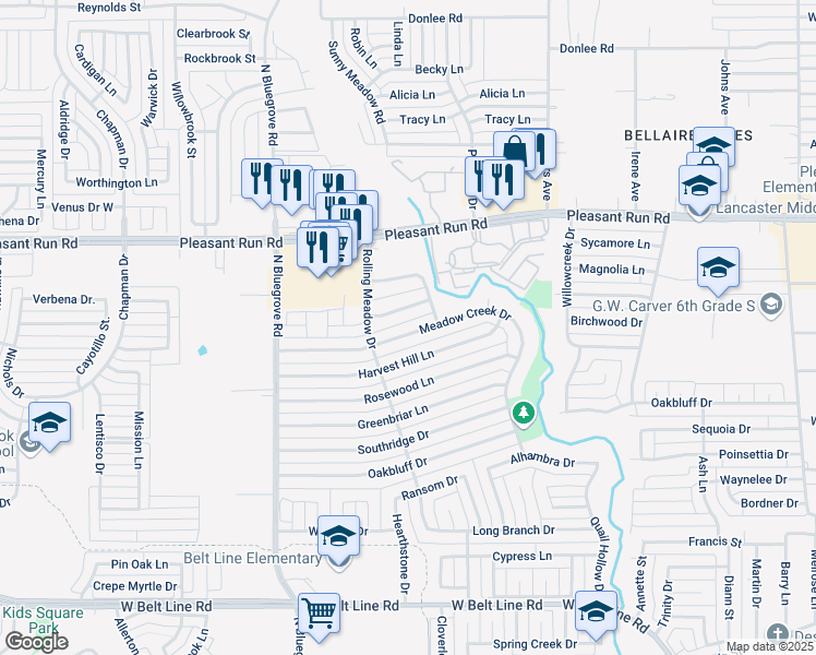map of restaurants, bars, coffee shops, grocery stores, and more near 1218 Meadow Creek Drive in Lancaster
