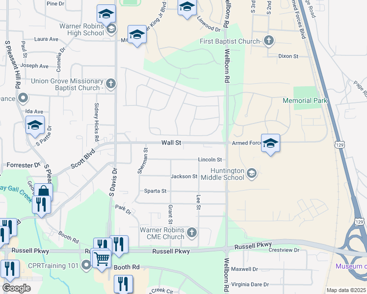map of restaurants, bars, coffee shops, grocery stores, and more near 126 Lincoln Street in Warner Robins