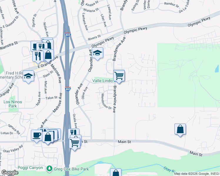 map of restaurants, bars, coffee shops, grocery stores, and more near 1555 Mendocino Drive in Chula Vista