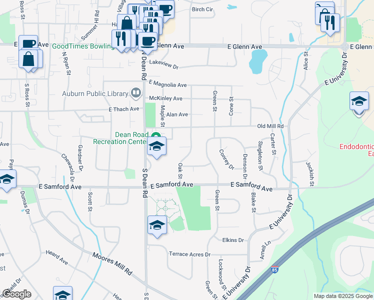 map of restaurants, bars, coffee shops, grocery stores, and more near 259 Oak Street in Auburn