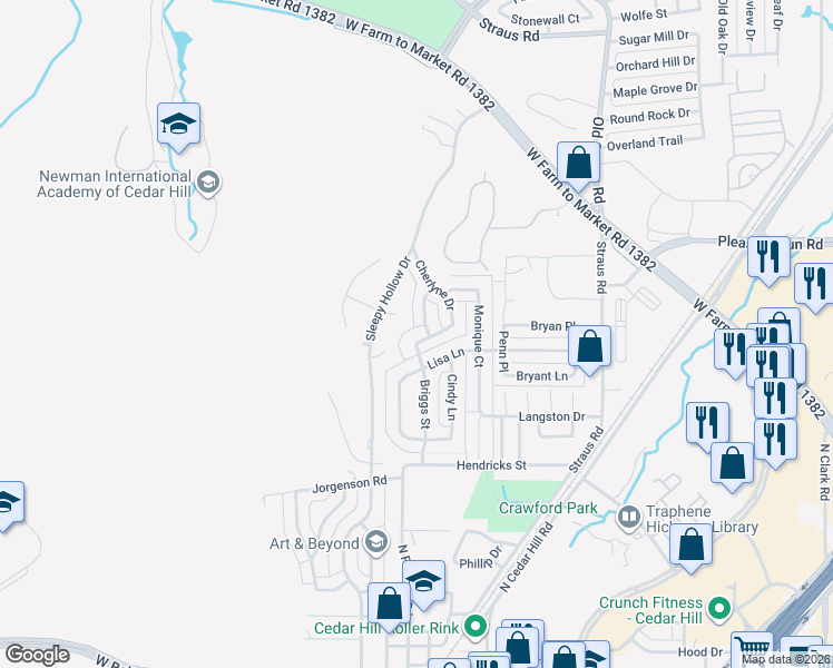 map of restaurants, bars, coffee shops, grocery stores, and more near 817 Briggs Street in Cedar Hill