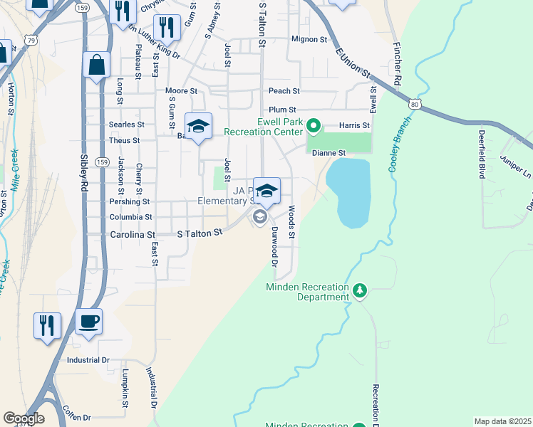 map of restaurants, bars, coffee shops, grocery stores, and more near 811 Durwood Drive in Minden