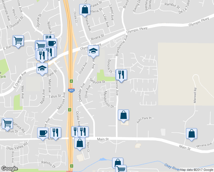map of restaurants, bars, coffee shops, grocery stores, and more near 1565 Mendocino Drive in Chula Vista