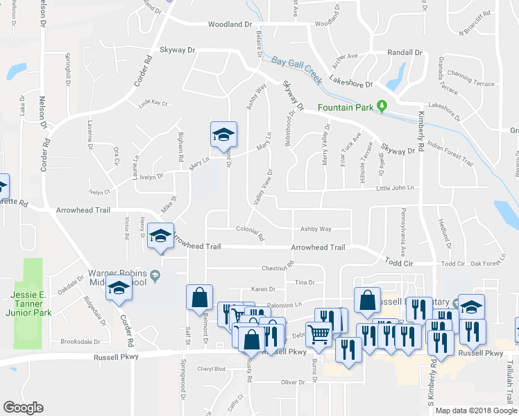 map of restaurants, bars, coffee shops, grocery stores, and more near 122 Valley View Drive in Warner Robins