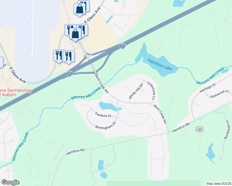 map of restaurants, bars, coffee shops, grocery stores, and more near 2567 Bent Creek Road in Auburn