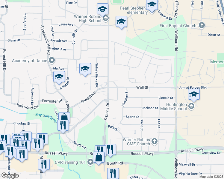 map of restaurants, bars, coffee shops, grocery stores, and more near 307 Wall Street in Warner Robins