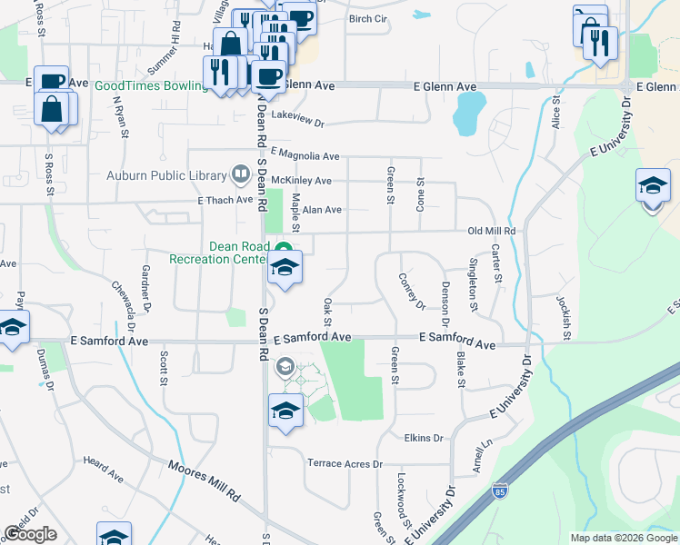 map of restaurants, bars, coffee shops, grocery stores, and more near 259 Oak Street in Auburn
