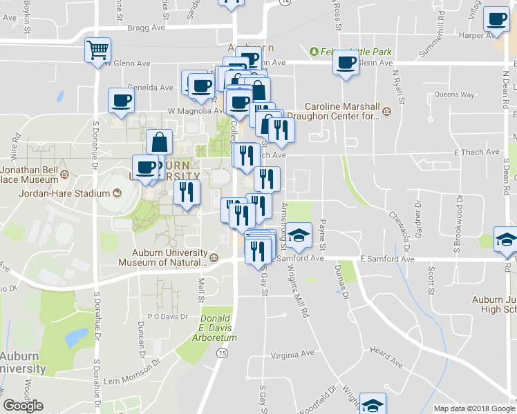 map of restaurants, bars, coffee shops, grocery stores, and more near 135 Miller Avenue in Auburn