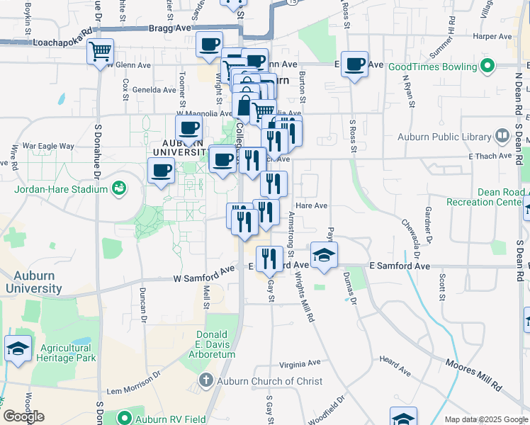 map of restaurants, bars, coffee shops, grocery stores, and more near 135 Miller Avenue in Auburn