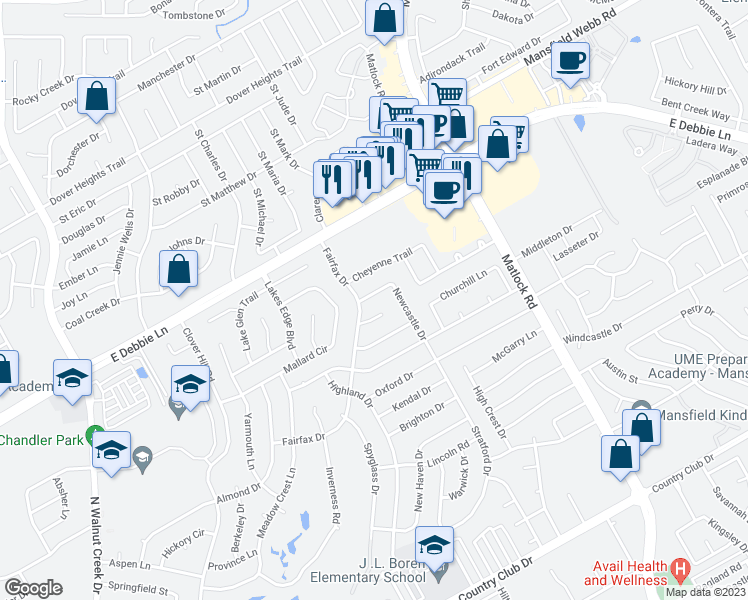 map of restaurants, bars, coffee shops, grocery stores, and more near 1809 Newcastle Drive in Mansfield