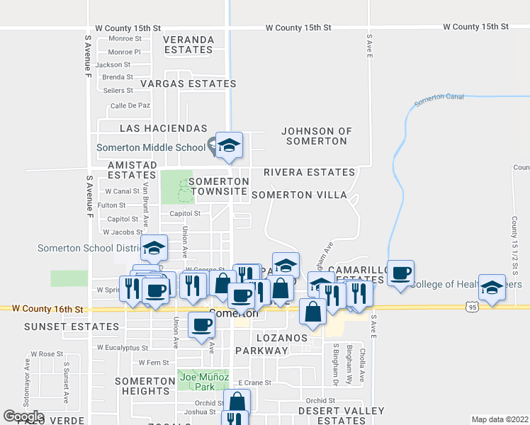 map of restaurants, bars, coffee shops, grocery stores, and more near 487 North Marshall Loop Road in Somerton
