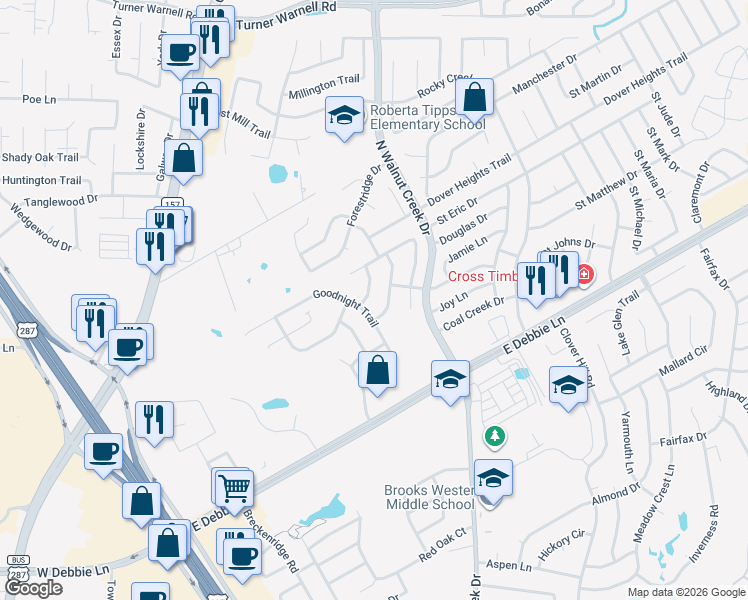 map of restaurants, bars, coffee shops, grocery stores, and more near 2511 Goodnight Trail in Mansfield