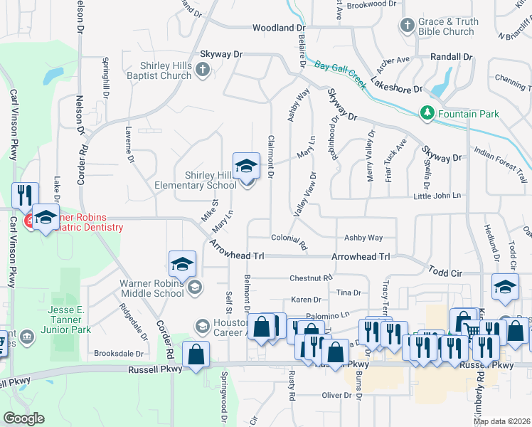 map of restaurants, bars, coffee shops, grocery stores, and more near 104 Belmont Drive in Warner Robins
