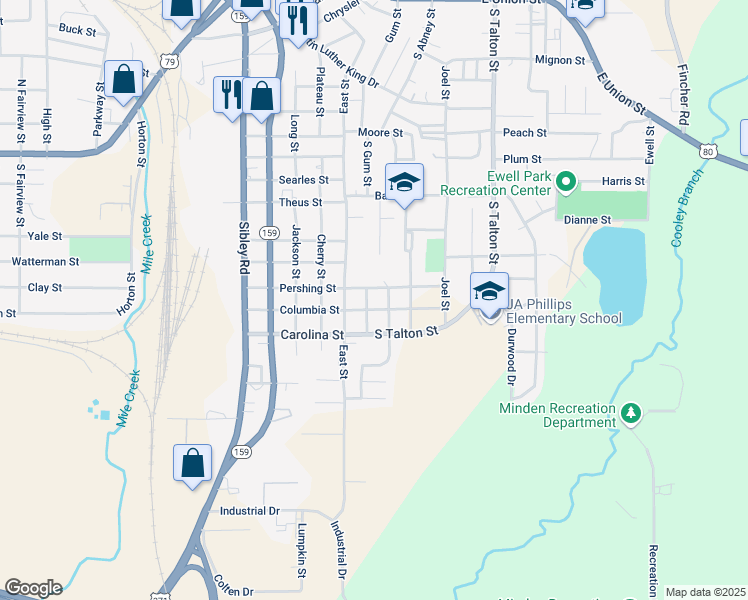 map of restaurants, bars, coffee shops, grocery stores, and more near 1106 Young Street in Minden