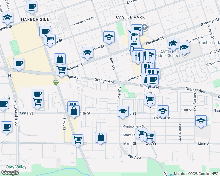 map of restaurants, bars, coffee shops, grocery stores, and more near 445 Orange Avenue in Chula Vista