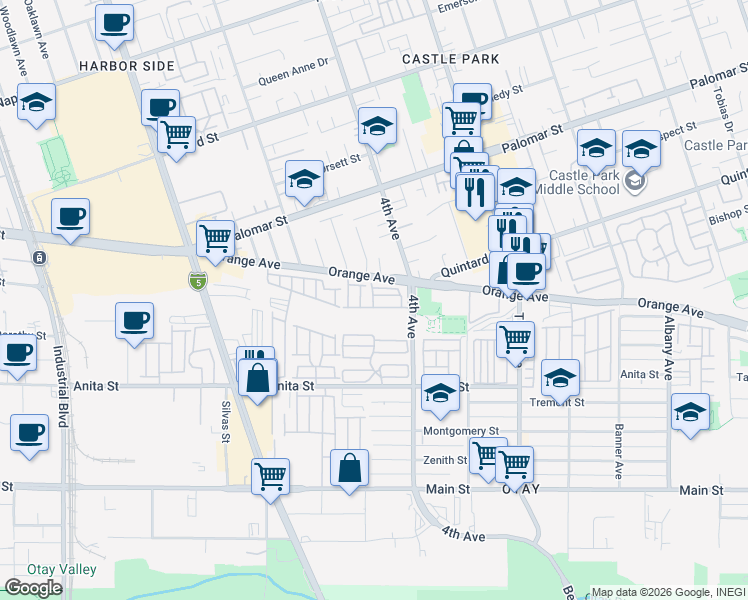 map of restaurants, bars, coffee shops, grocery stores, and more near 445 Orange Avenue in Chula Vista
