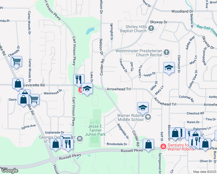 map of restaurants, bars, coffee shops, grocery stores, and more near 1000 Corder Road in Warner Robins