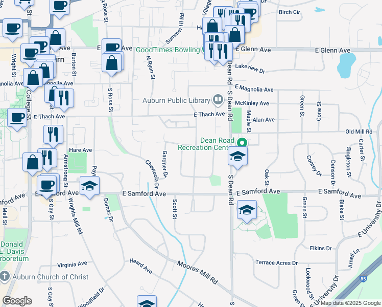 map of restaurants, bars, coffee shops, grocery stores, and more near 309 Bowden Drive in Auburn