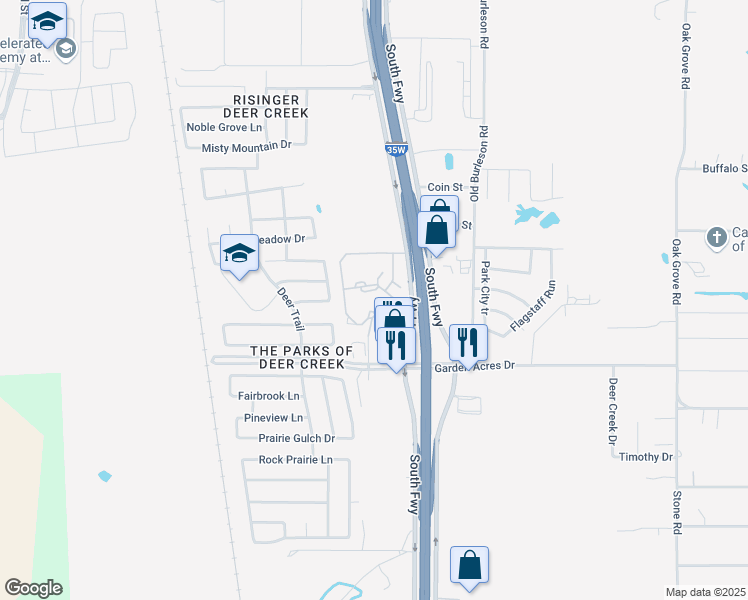map of restaurants, bars, coffee shops, grocery stores, and more near 102 Goldstein Gate Drive in Fort Worth