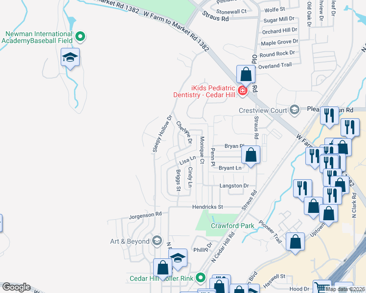 map of restaurants, bars, coffee shops, grocery stores, and more near 808 Braswell Drive in Cedar Hill