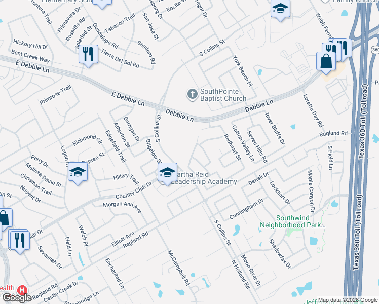 map of restaurants, bars, coffee shops, grocery stores, and more near 605 Almandora Drive in Arlington