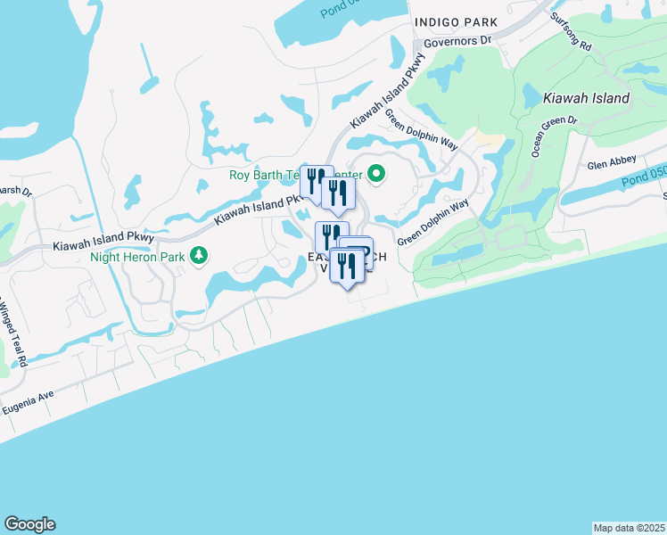 map of restaurants, bars, coffee shops, grocery stores, and more near 1 Sanctuary Beach Drive in Kiawah Island