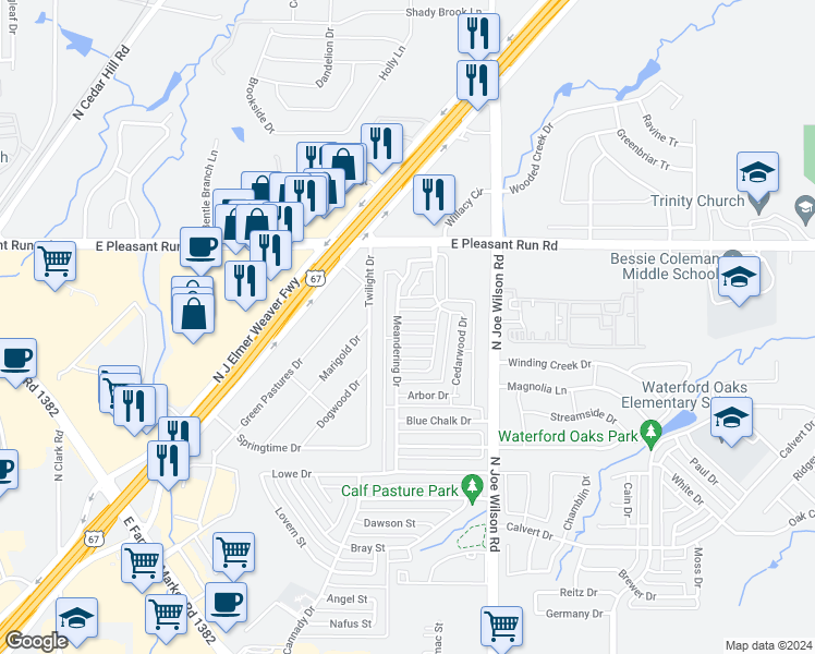 map of restaurants, bars, coffee shops, grocery stores, and more near 604 Whispering Trail in Cedar Hill
