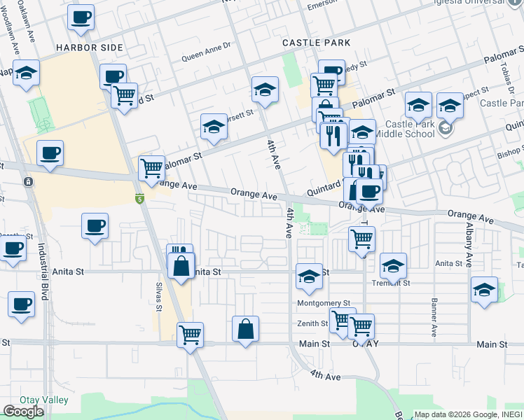 map of restaurants, bars, coffee shops, grocery stores, and more near 445 Orange Avenue in Chula Vista