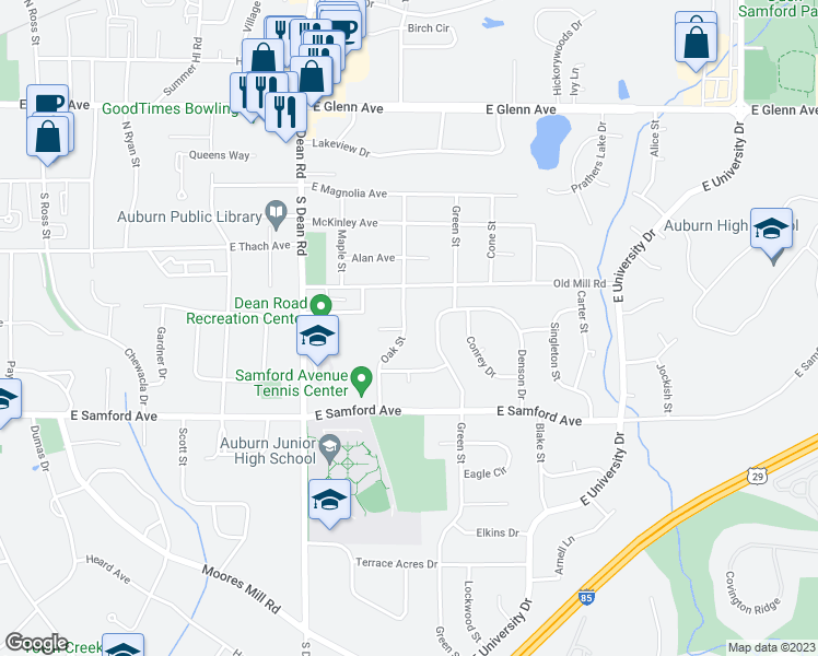 map of restaurants, bars, coffee shops, grocery stores, and more near 243 Oak Street in Auburn