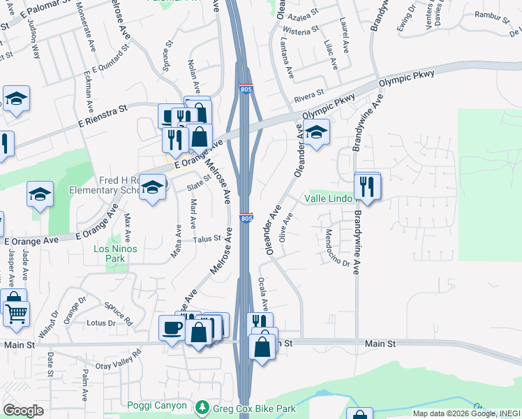 map of restaurants, bars, coffee shops, grocery stores, and more near 1568 Oleander Avenue in Chula Vista