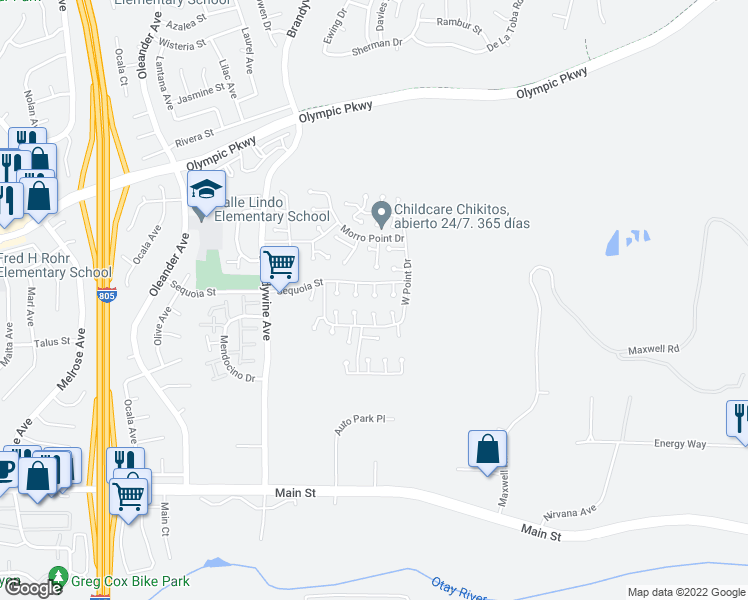 map of restaurants, bars, coffee shops, grocery stores, and more near 1614 Dana Point Court in Chula Vista