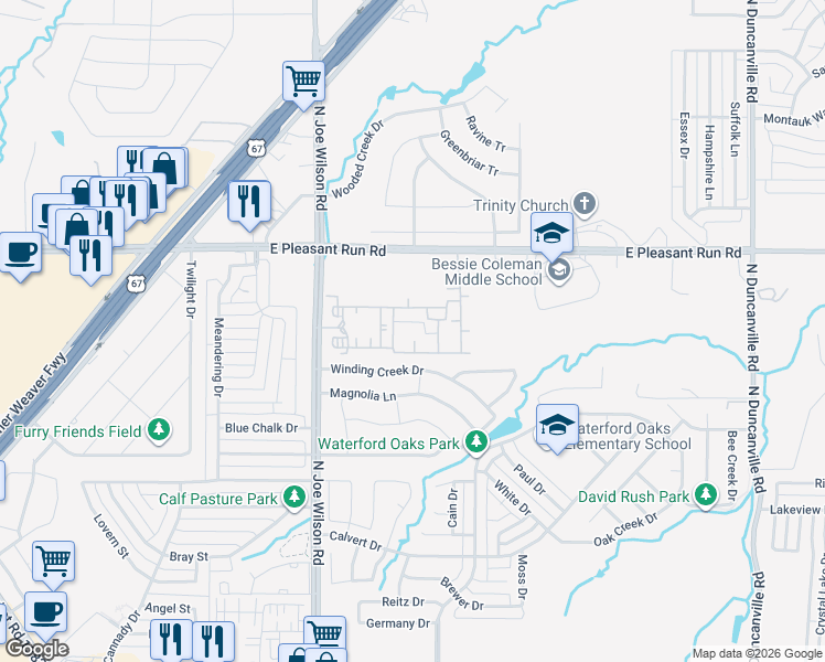 map of restaurants, bars, coffee shops, grocery stores, and more near 720 North Joe Wilson Road in Cedar Hill