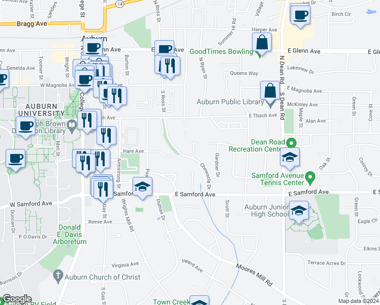 map of restaurants, bars, coffee shops, grocery stores, and more near 295 Chewacla Drive in Auburn
