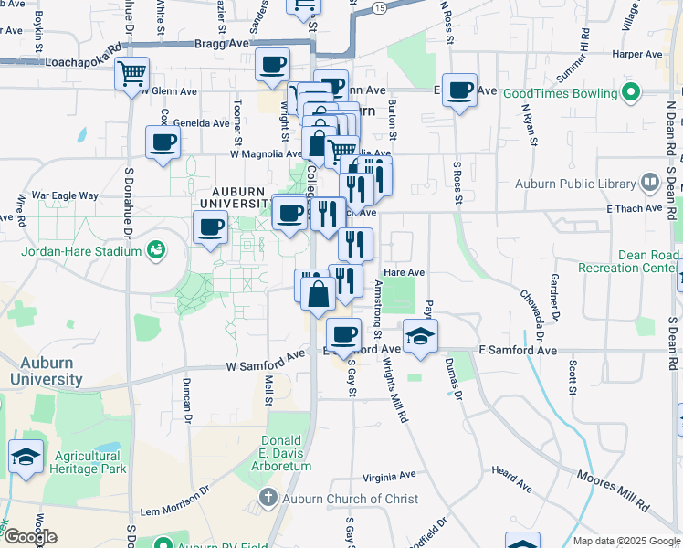 map of restaurants, bars, coffee shops, grocery stores, and more near 248 South Gay Street in Auburn