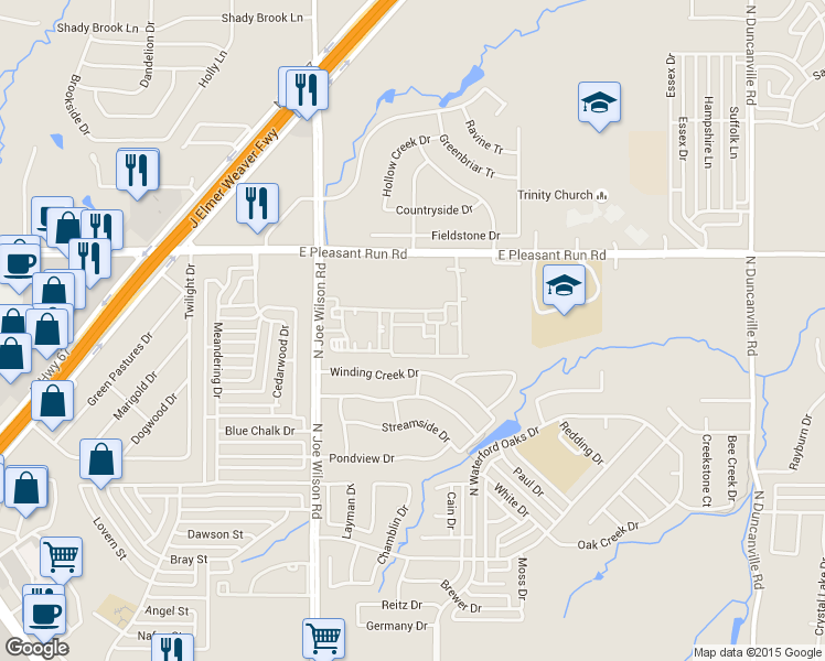map of restaurants, bars, coffee shops, grocery stores, and more near 1000 East Pleasant Run Road in Cedar Hill