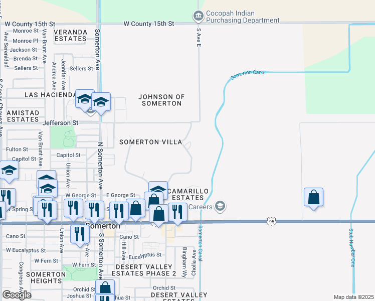 map of restaurants, bars, coffee shops, grocery stores, and more near 656 North Bingham Avenue in Somerton